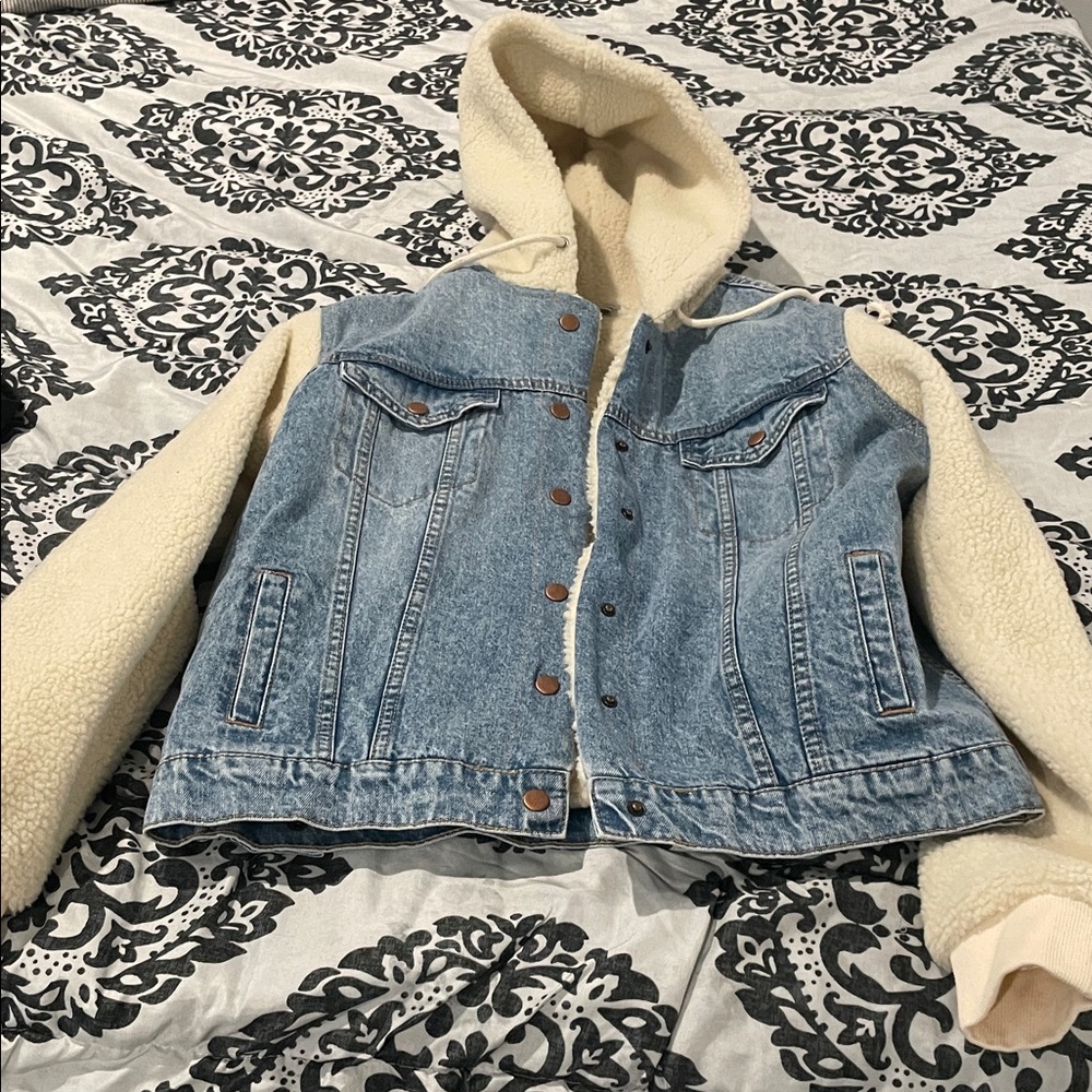 Denim Jacket with Cream Sherpa Sleeves